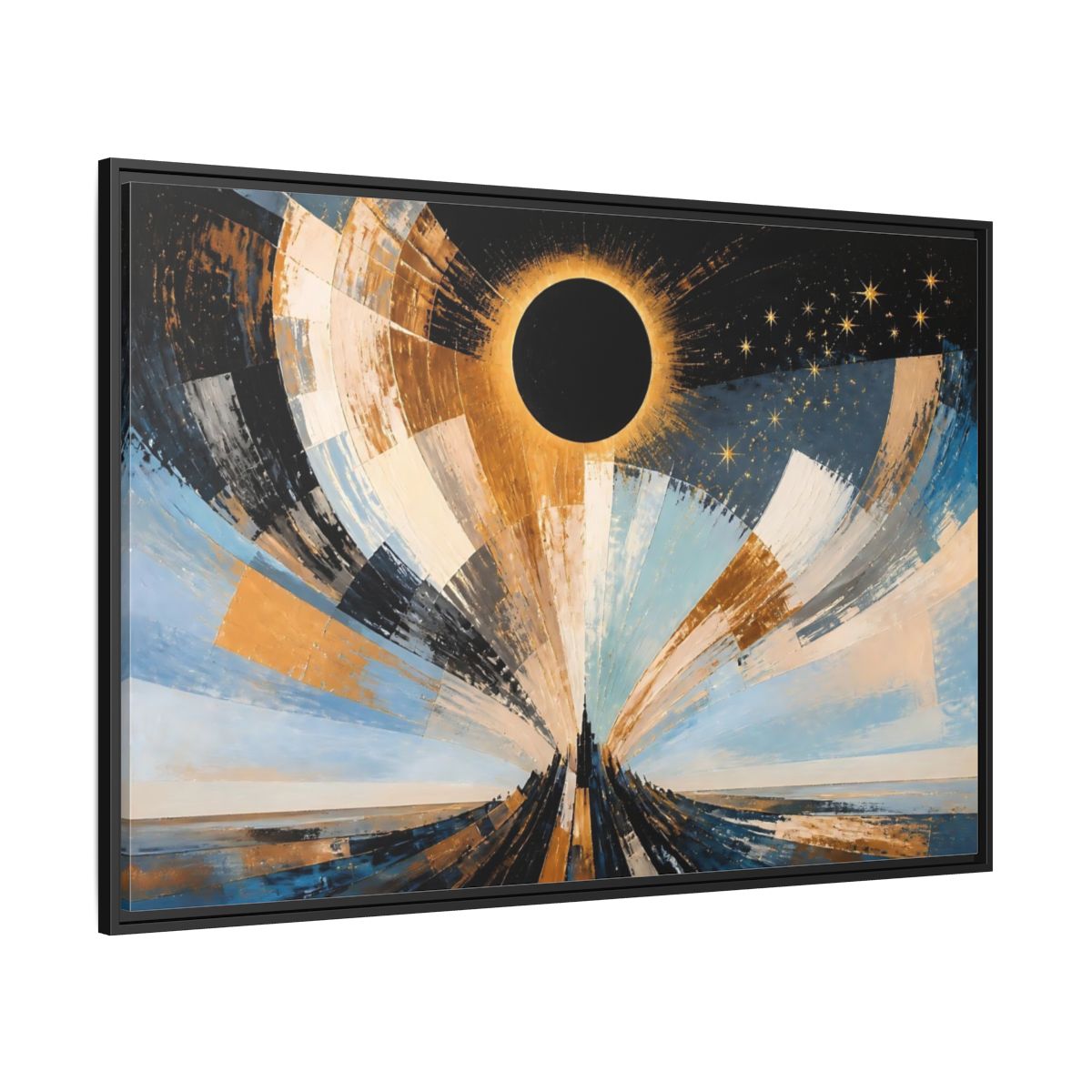 Side Mockup 12. Golden Eclipse Over Spire shown as framed canvas print
