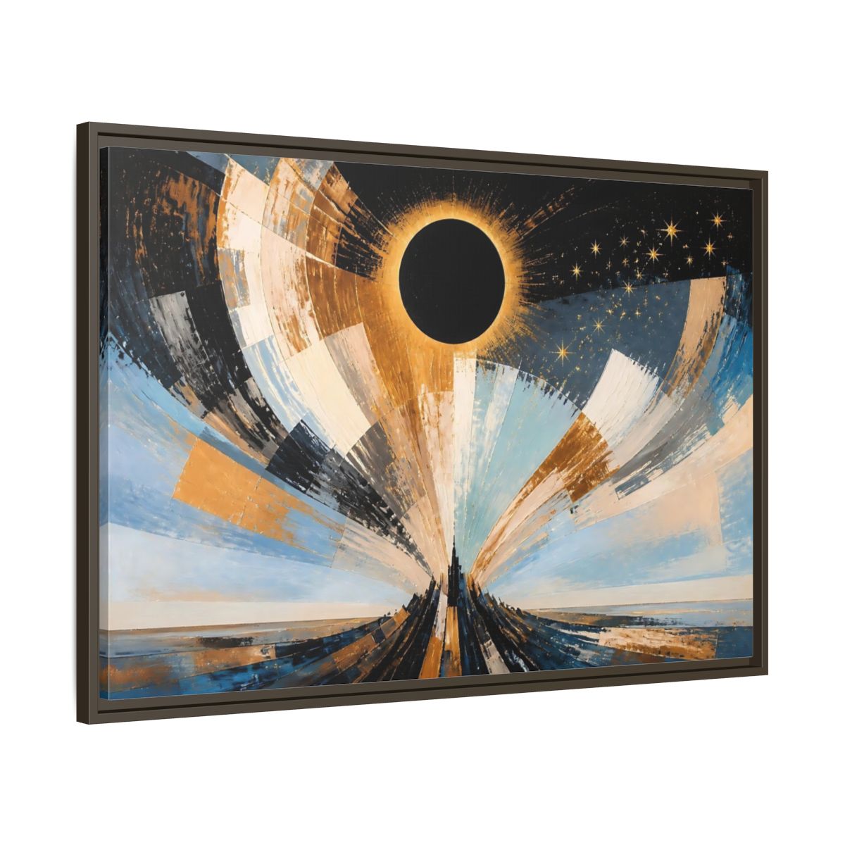 Main Mockup. Golden Eclipse Over Spire shown as framed canvas print