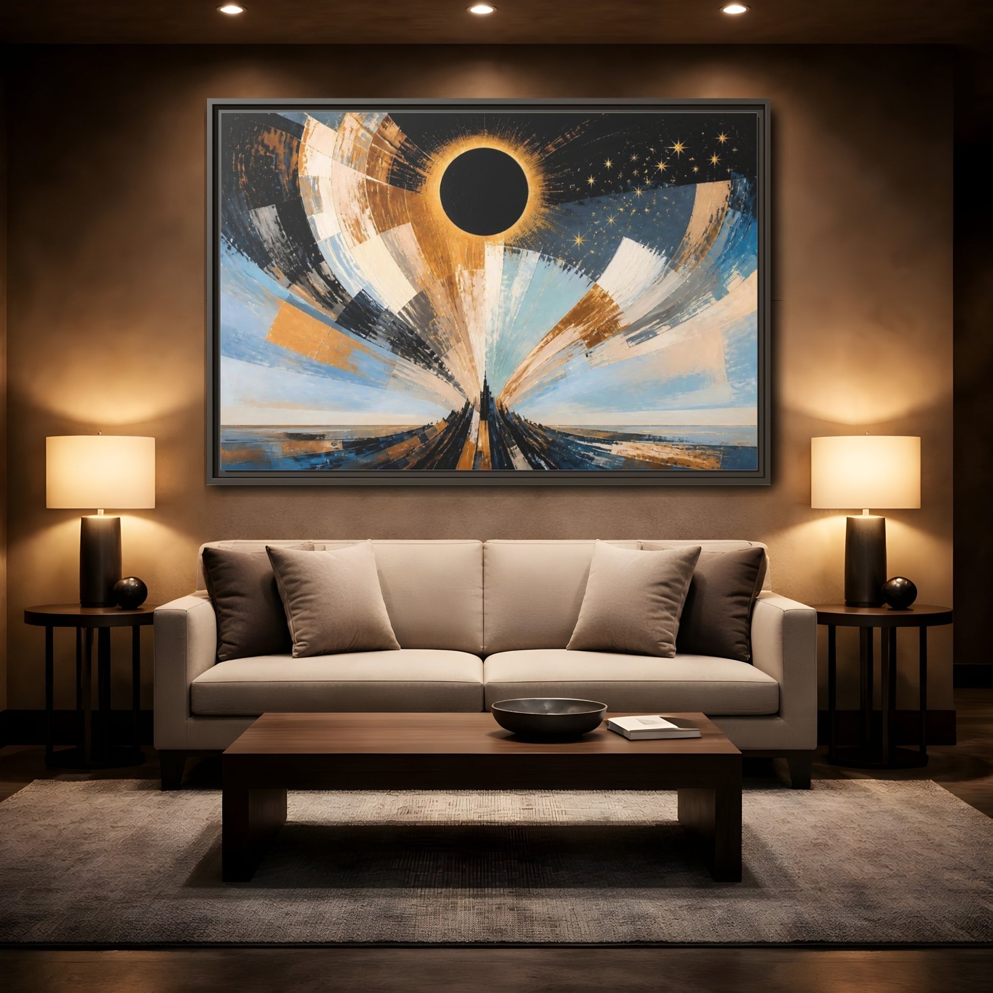 Mockup 2. Golden Eclipse Over Spire shown as framed canvas print