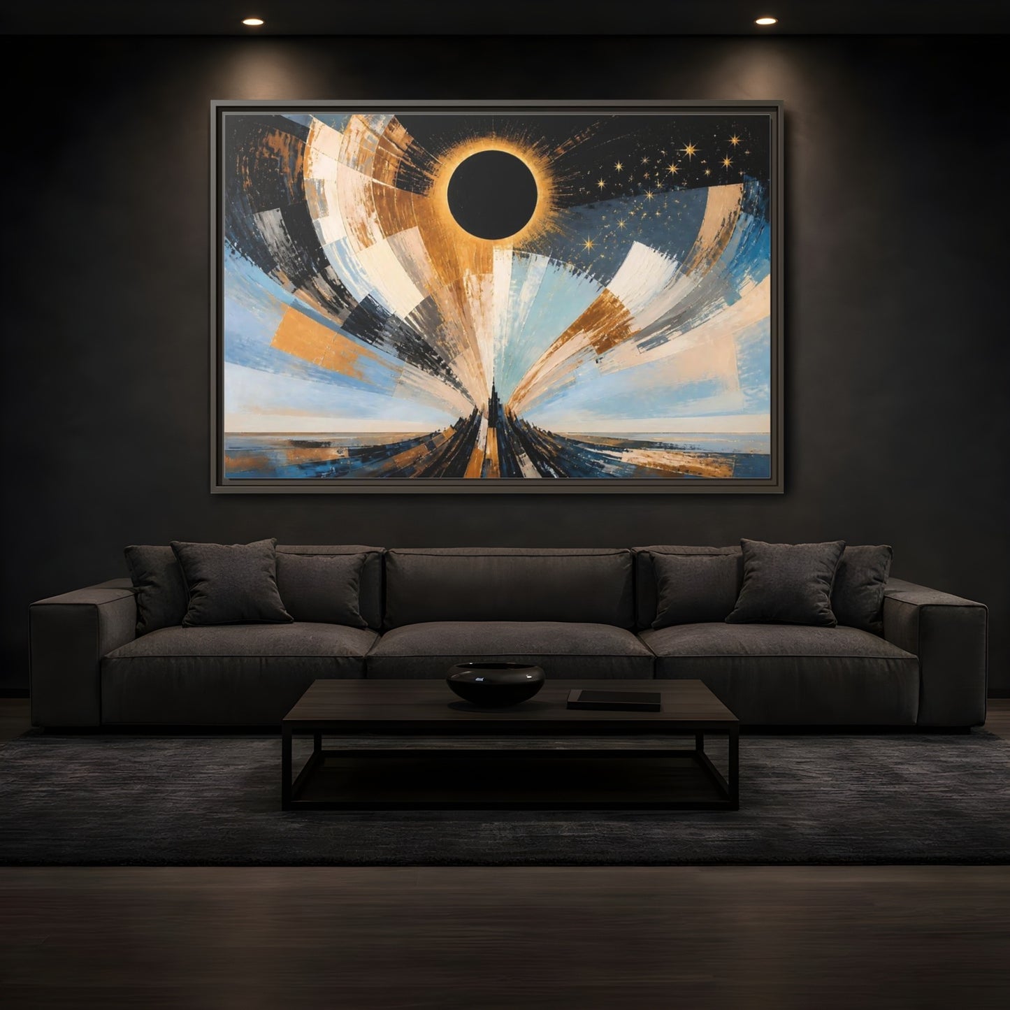 Mockup 3. Golden Eclipse Over Spire shown as framed canvas print