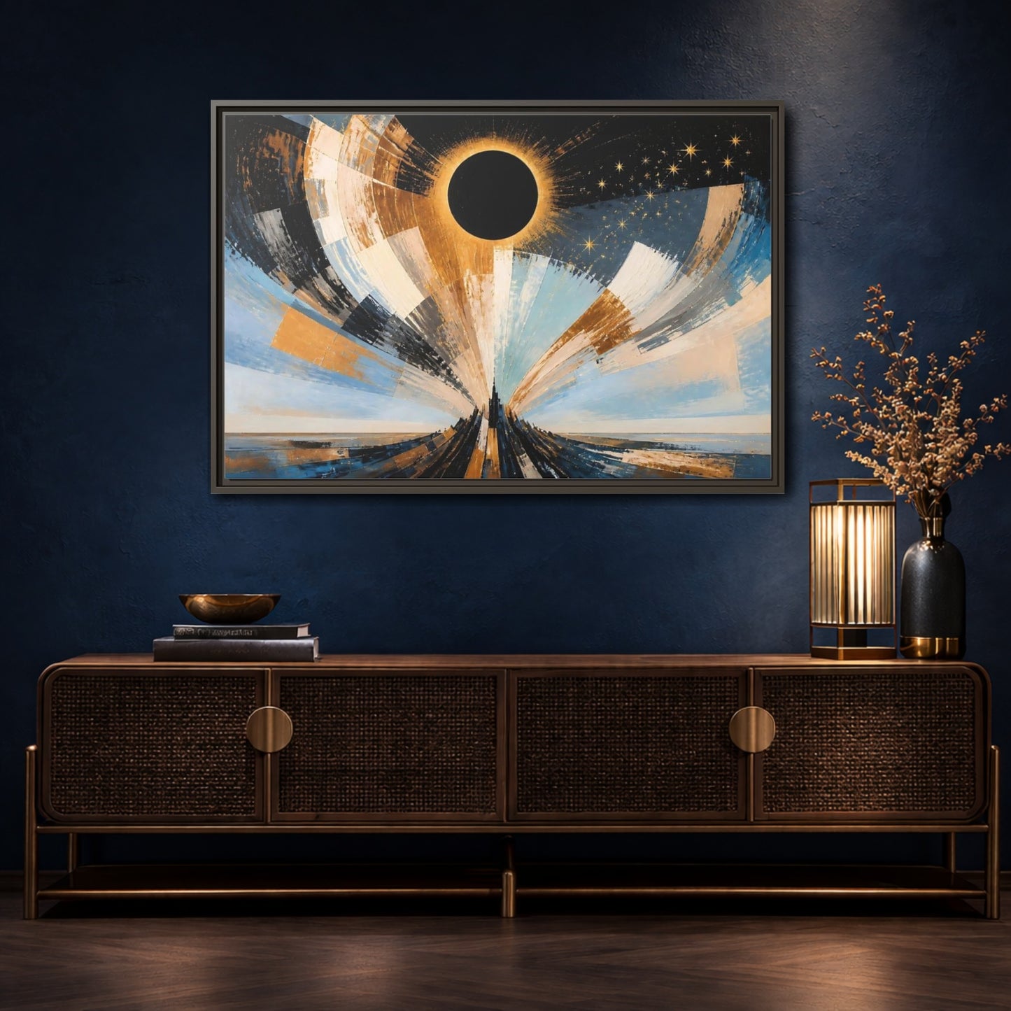Mockup 4. Golden Eclipse Over Spire shown as framed canvas print