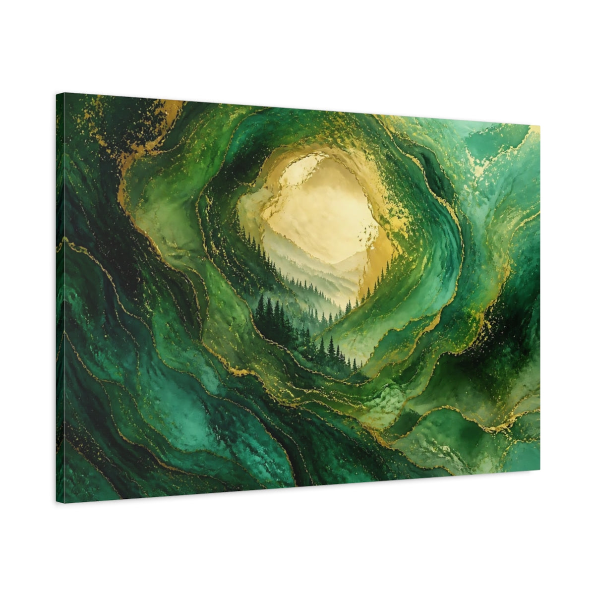 Main Mockup. Golden Emerald Forest shown as canvas print