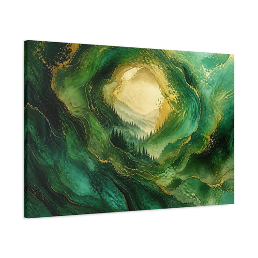 Main Mockup. Golden Emerald Forest shown as canvas print