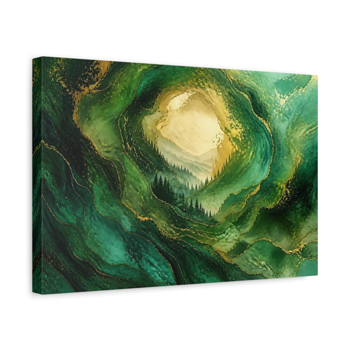 Side Mockup 4. Golden Emerald Forest shown as canvas print