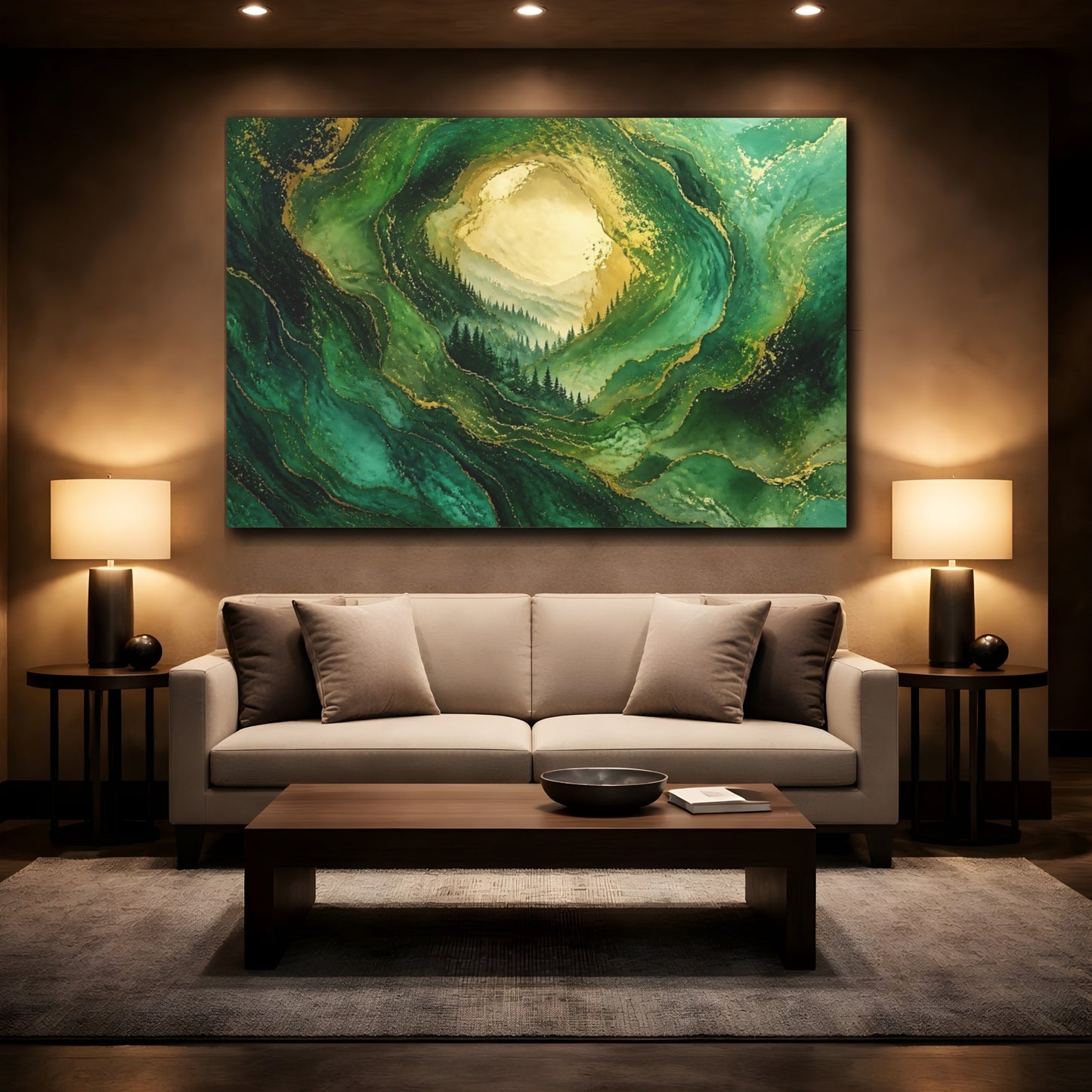 Mockup 2. Golden Emerald Forest shown as canvas print