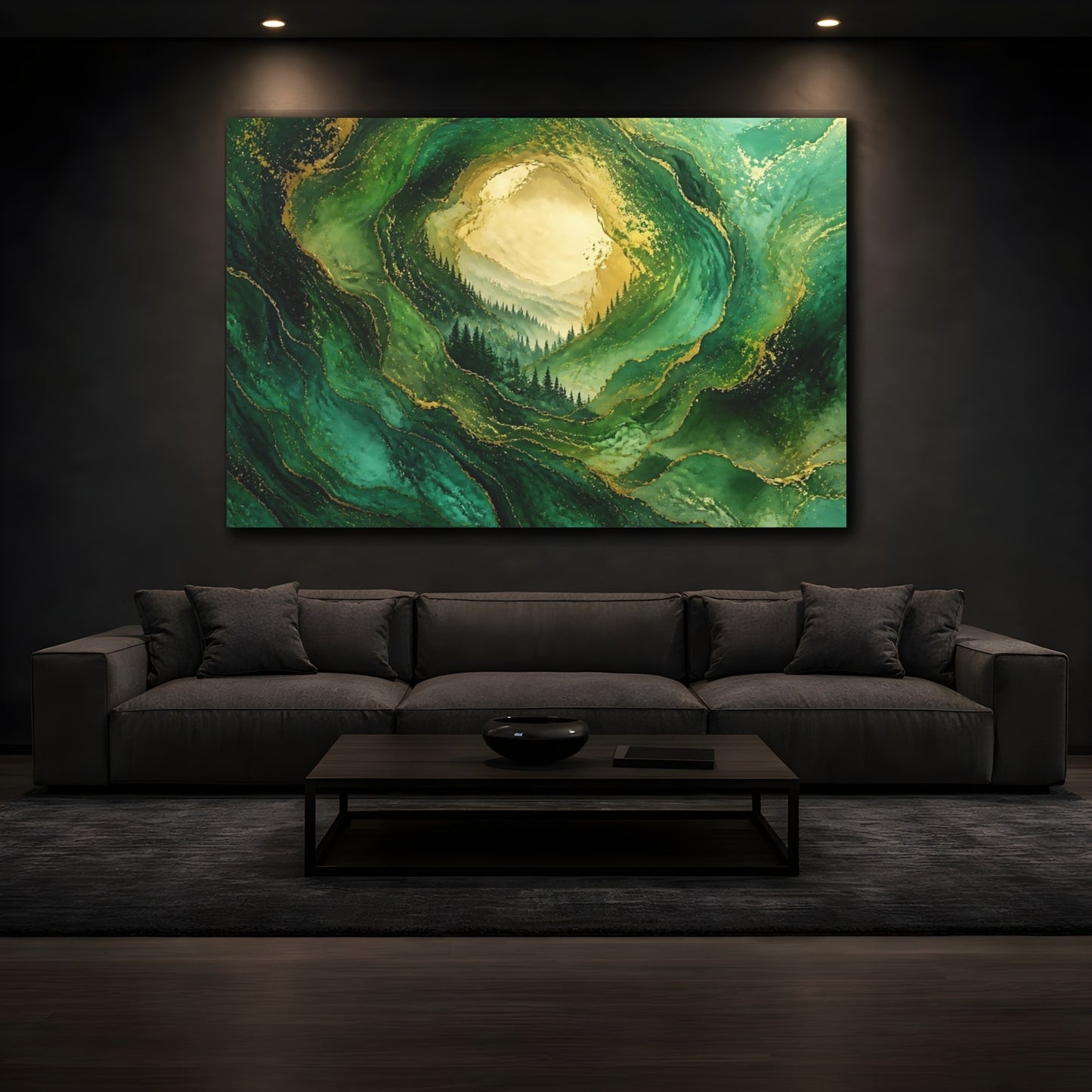 Mockup 3. Golden Emerald Forest shown as canvas print