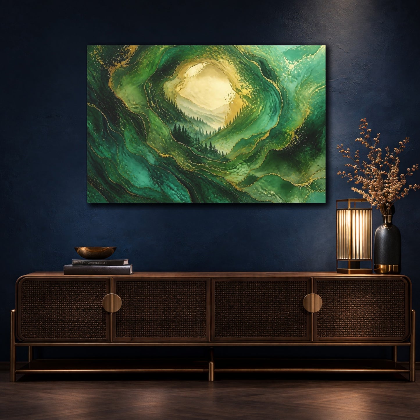 Mockup 4. Golden Emerald Forest shown as canvas print