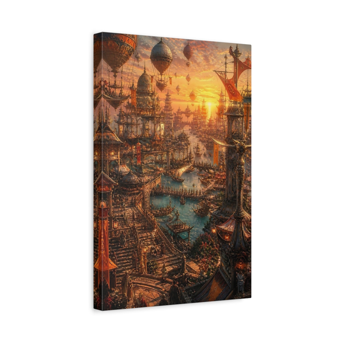 Side Mockup 4. Golden Floating City Harbor shown as canvas print
