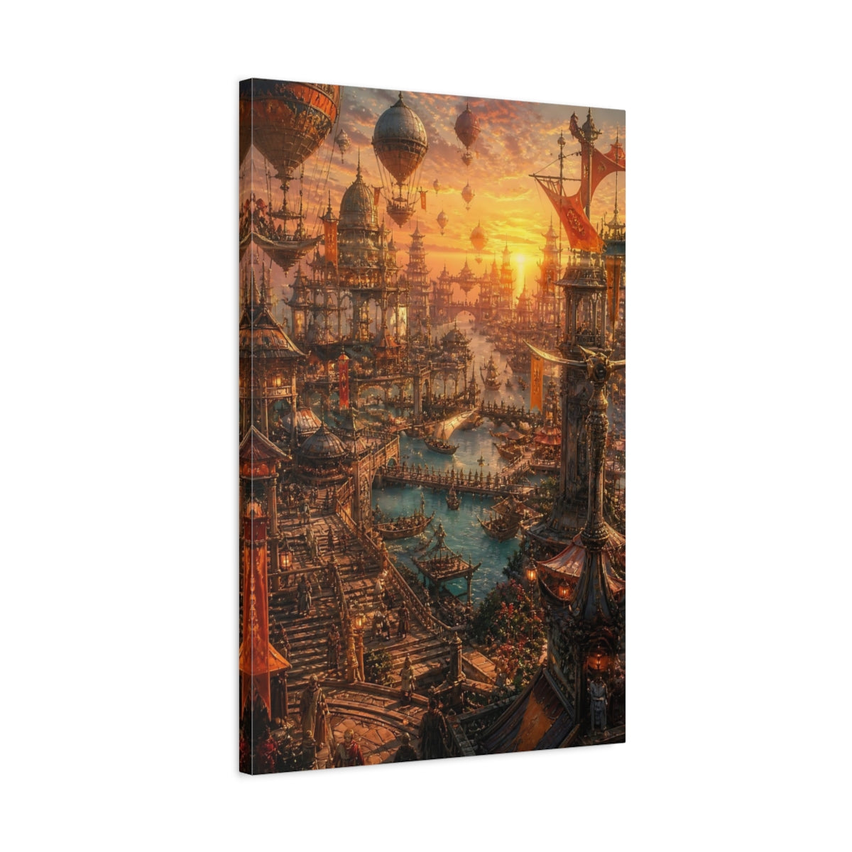 Side Mockup 2. Golden Floating City Harbor shown as canvas print