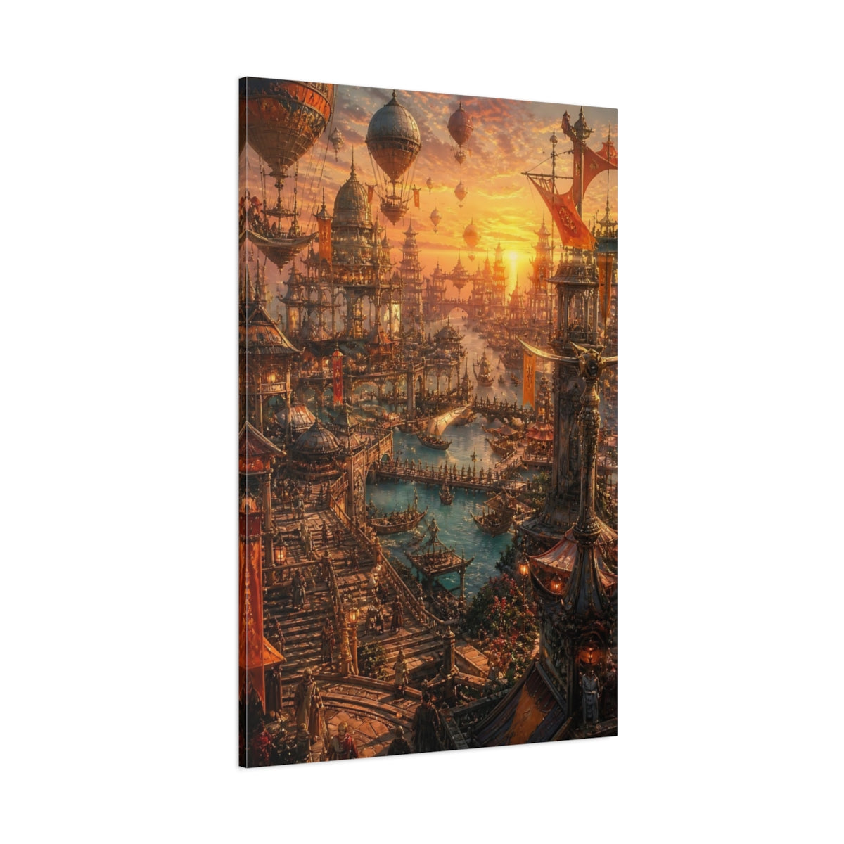 Side Mockup 1. Golden Floating City Harbor shown as canvas print