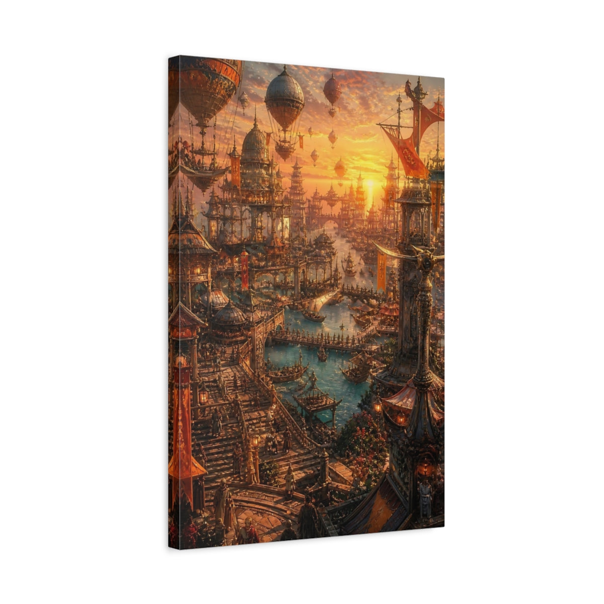 Side Mockup 3. Golden Floating City Harbor shown as canvas print