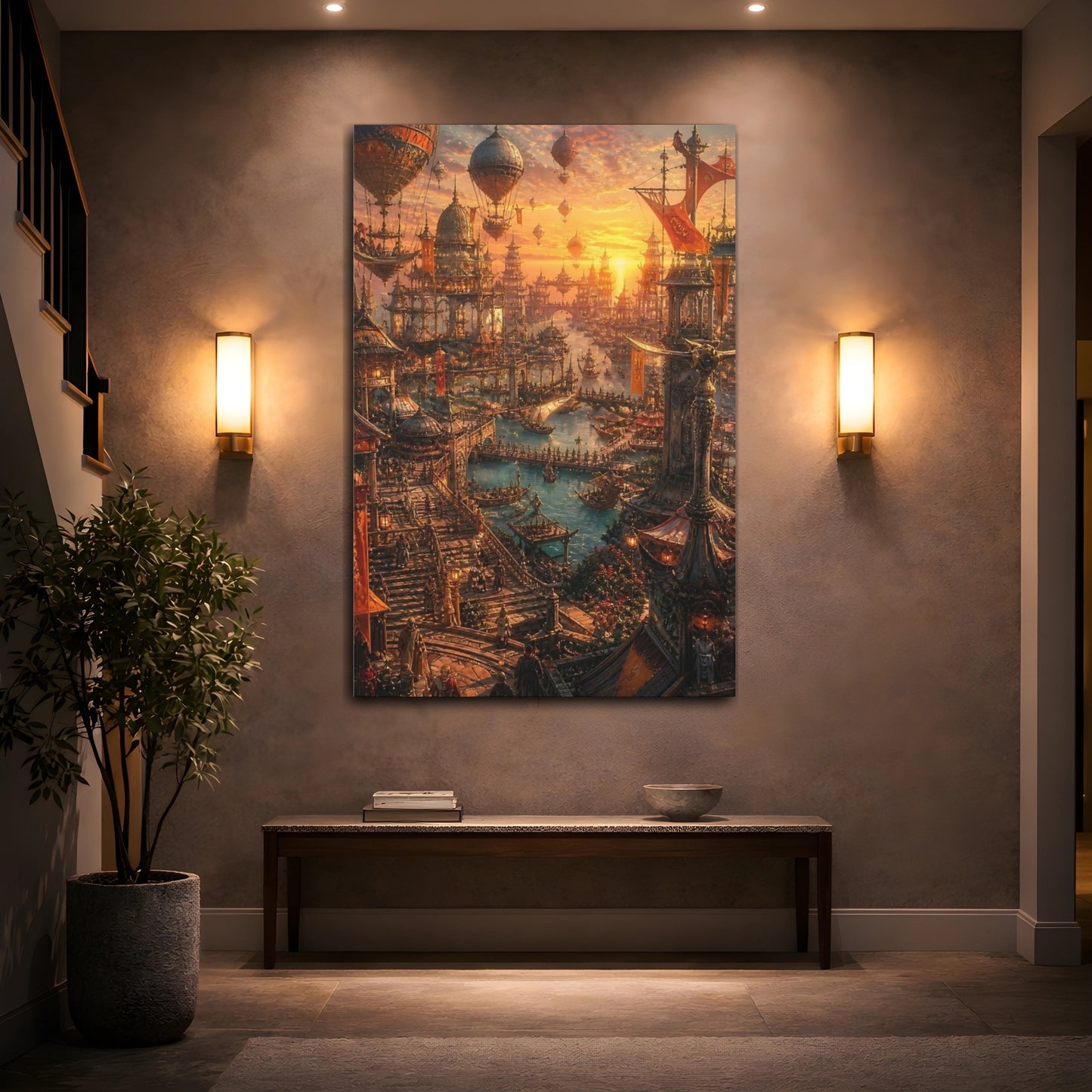 Mockup 2. Golden Floating City Harbor shown as canvas print
