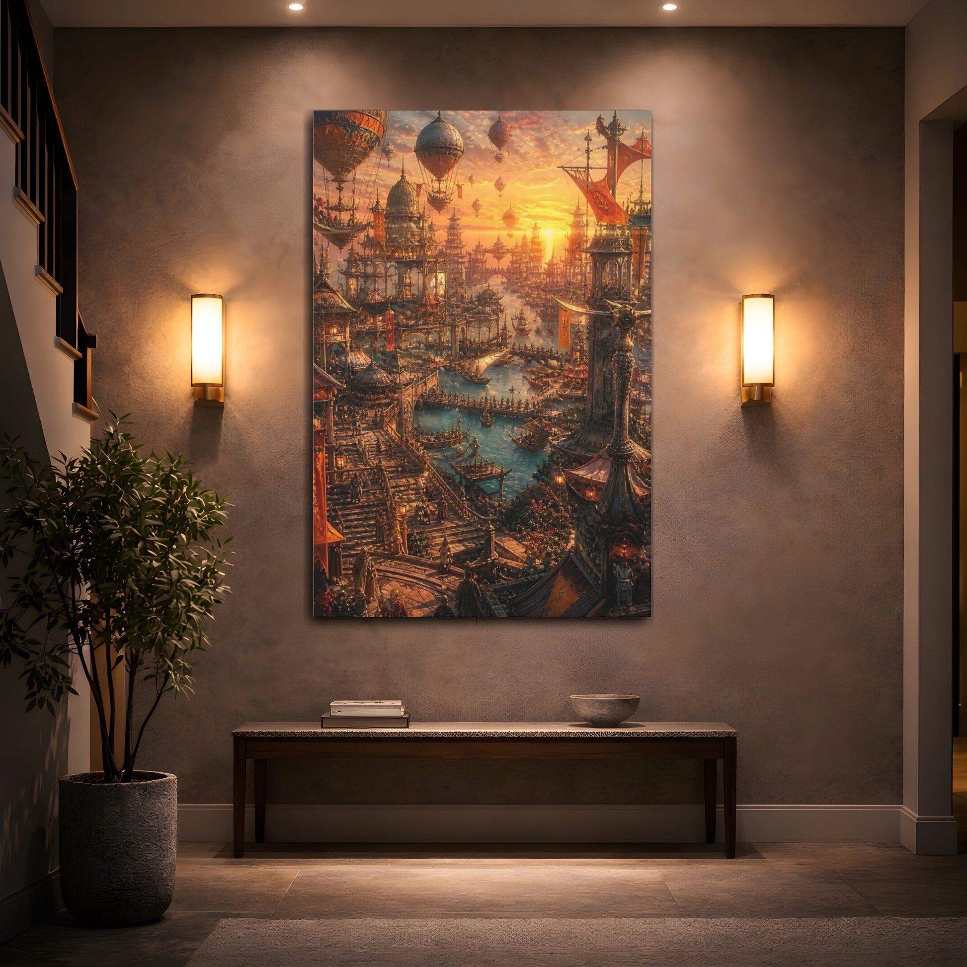 Mockup 2. Golden Floating City Harbor shown as canvas print