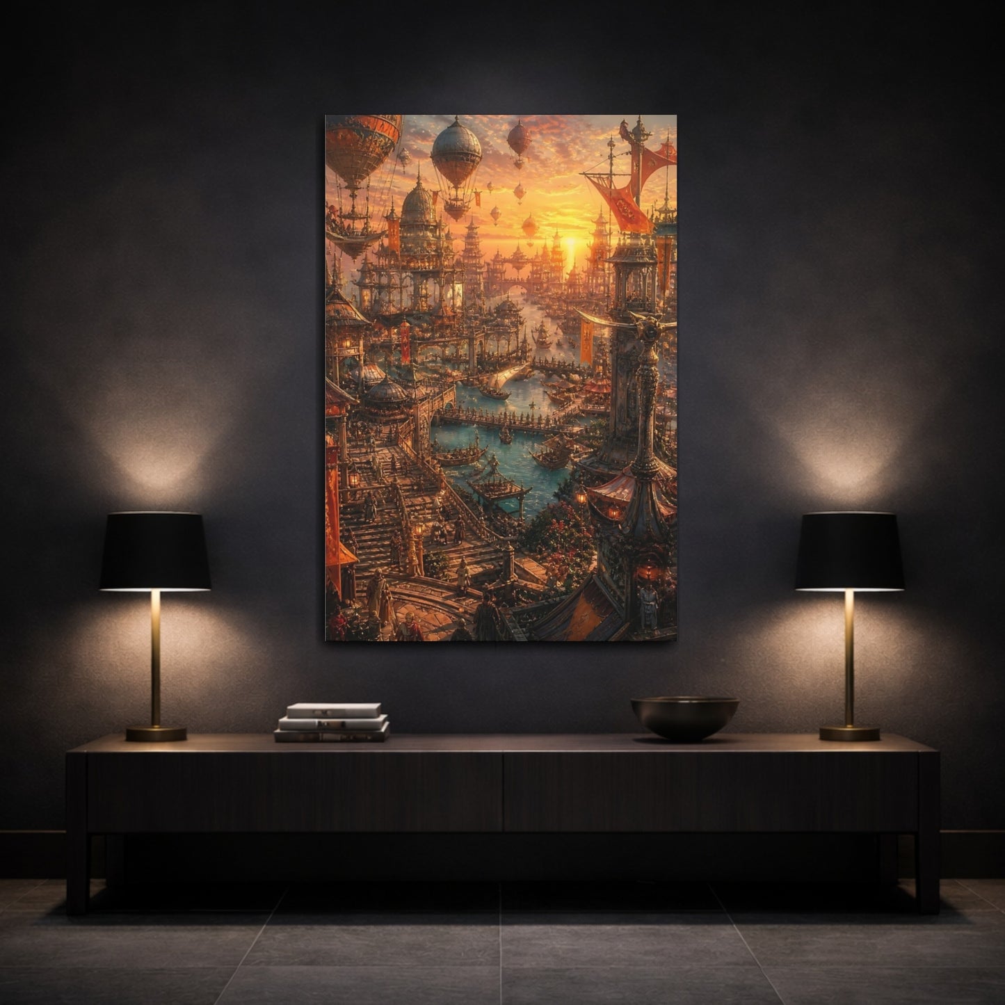 Mockup 3. Golden Floating City Harbor shown as canvas print