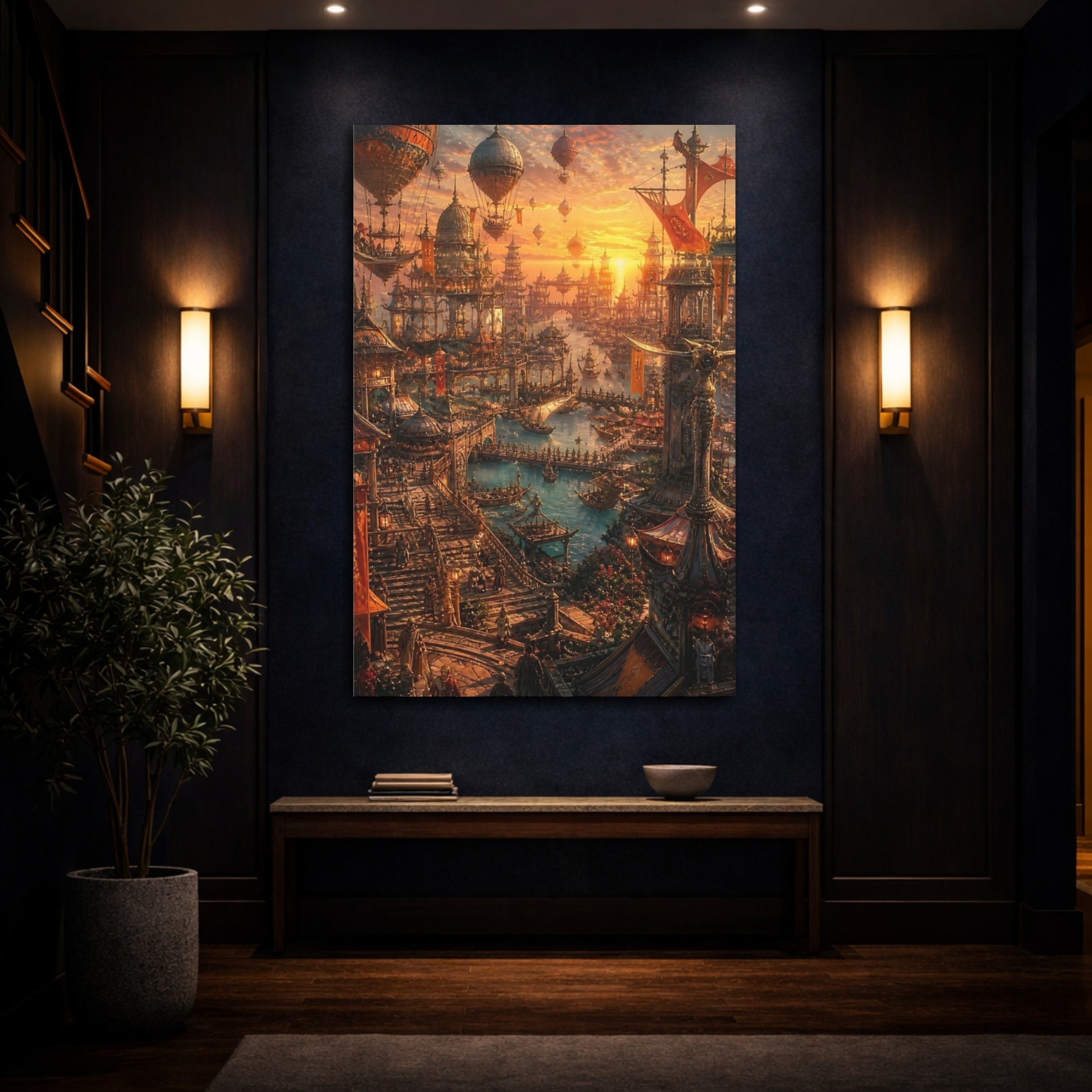Mockup 4. Golden Floating City Harbor shown as canvas print
