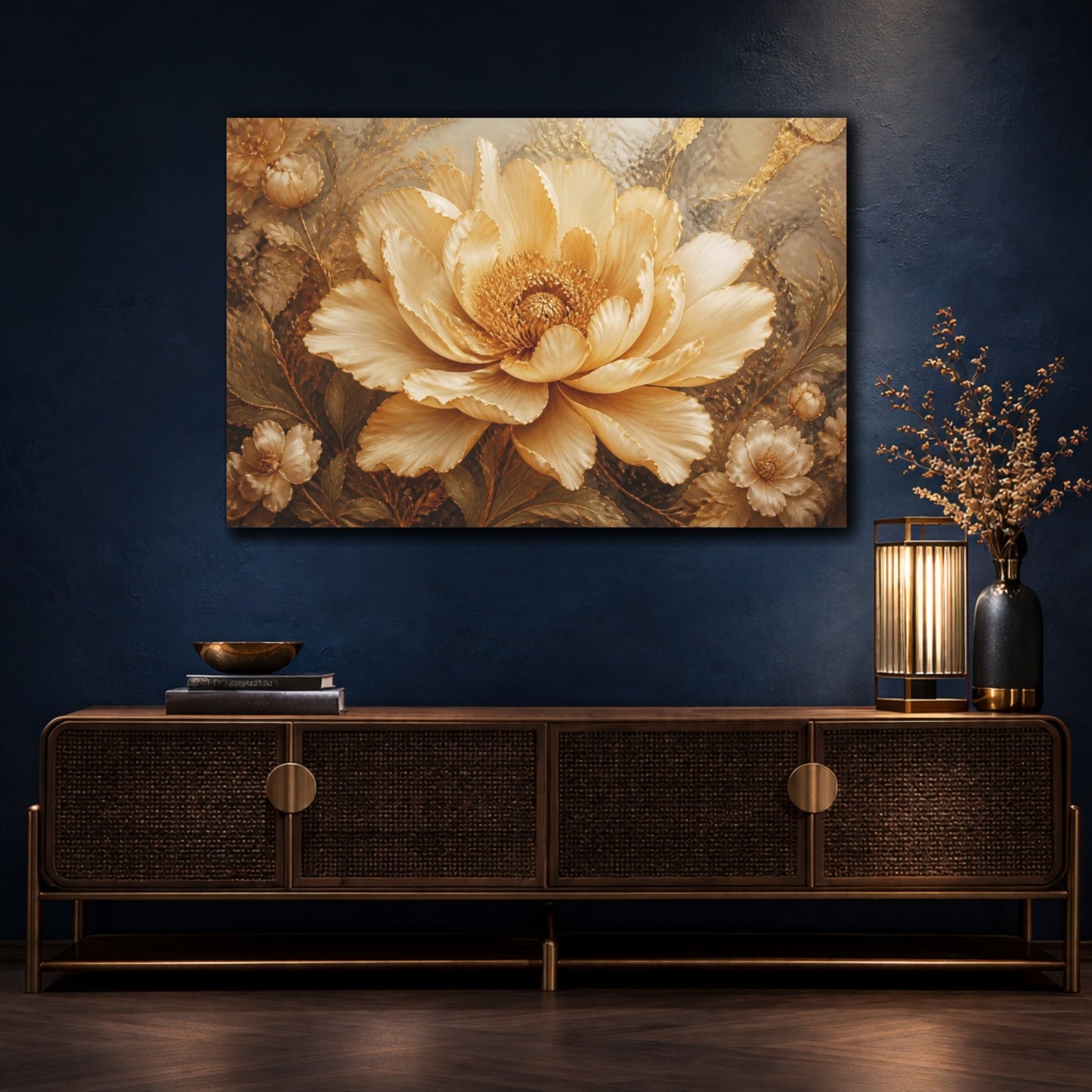 Mockup 4. Golden Floral Bloom shown as canvas print