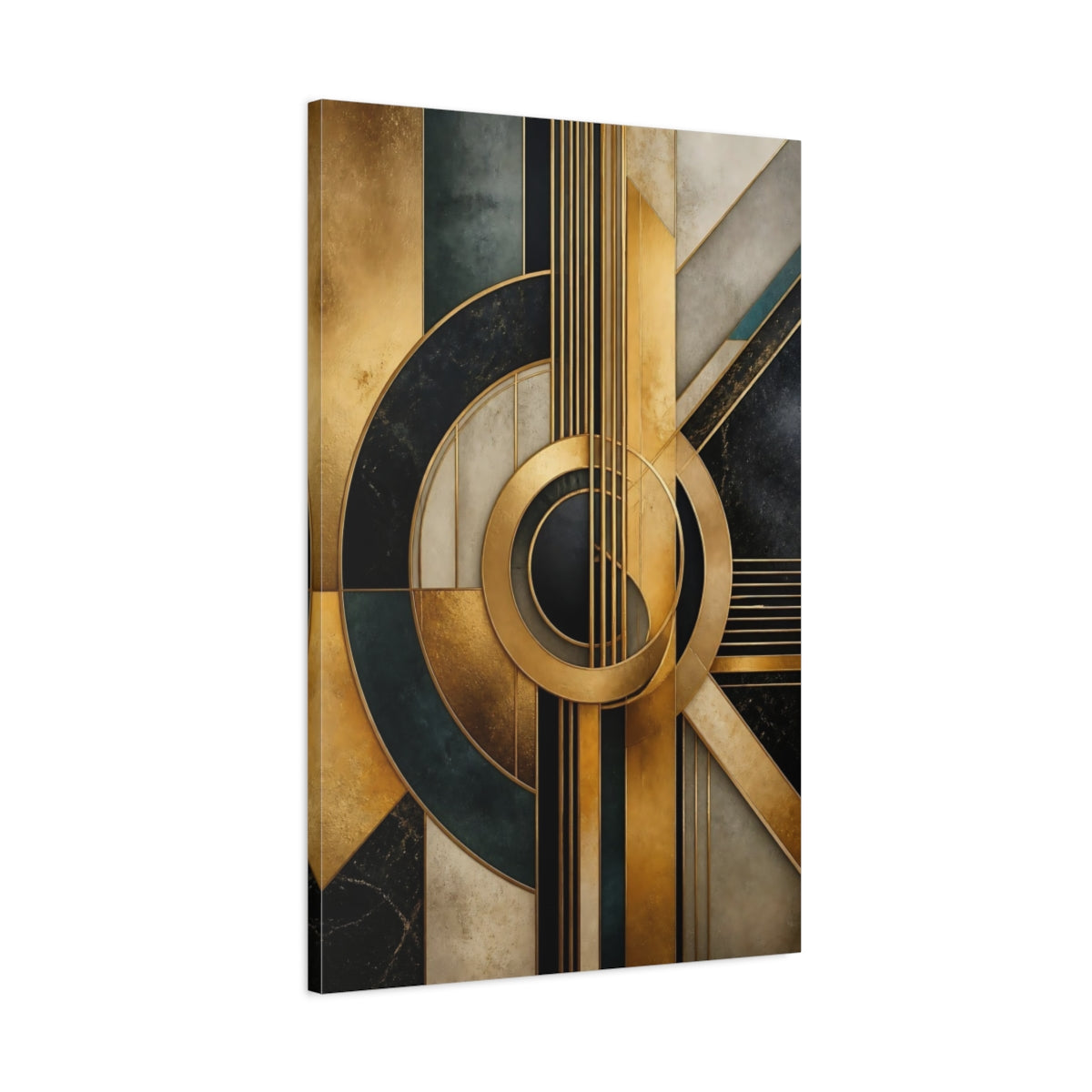 Main Mockup. Golden Geometric Guitar shown as canvas print