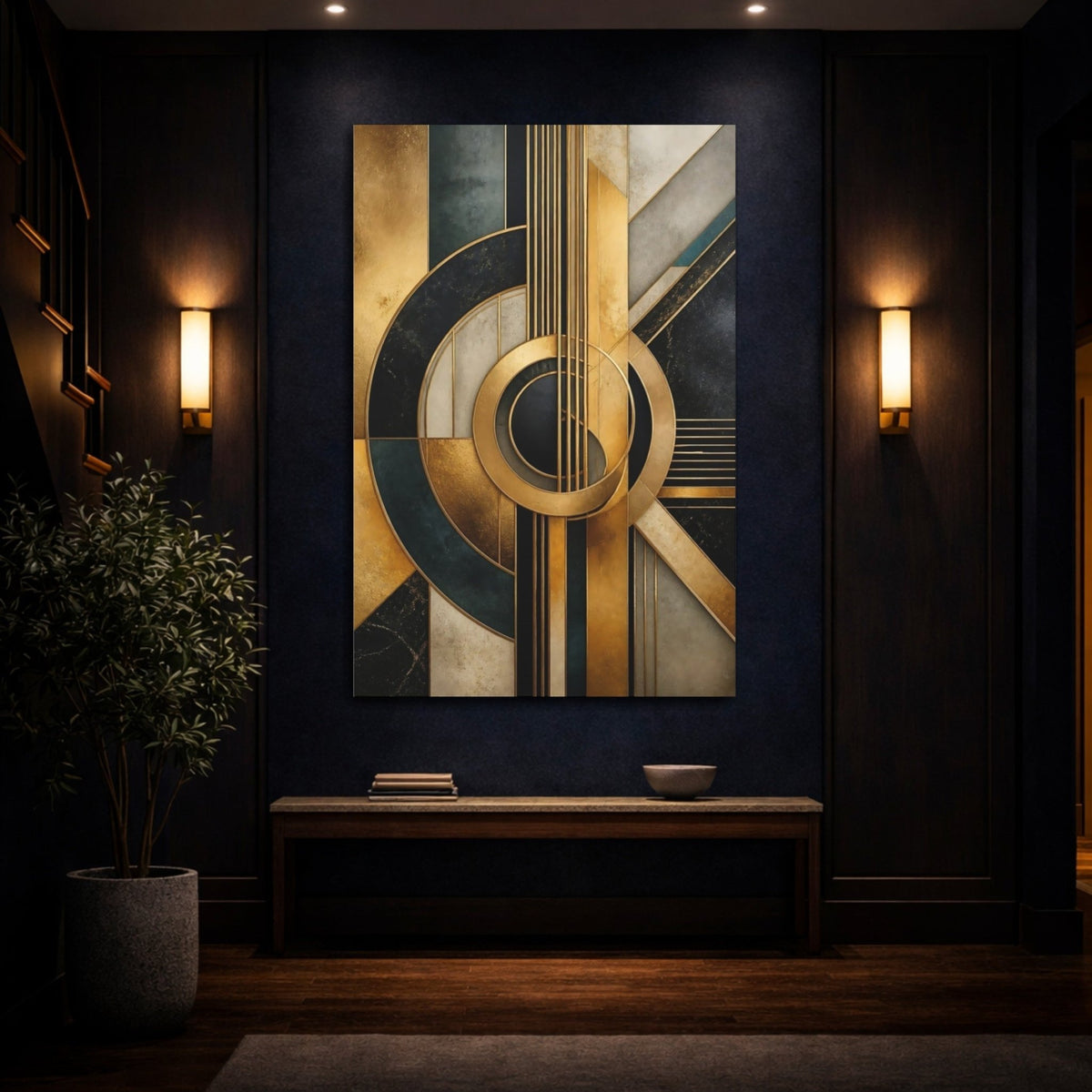 Golden Geometric Guitar Canvas Print Wall Art – Living Room Decor, Above Fireplace - YesArtYes