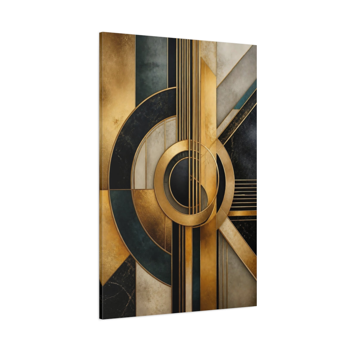Side Mockup 1. Golden Geometric Guitar shown as canvas print