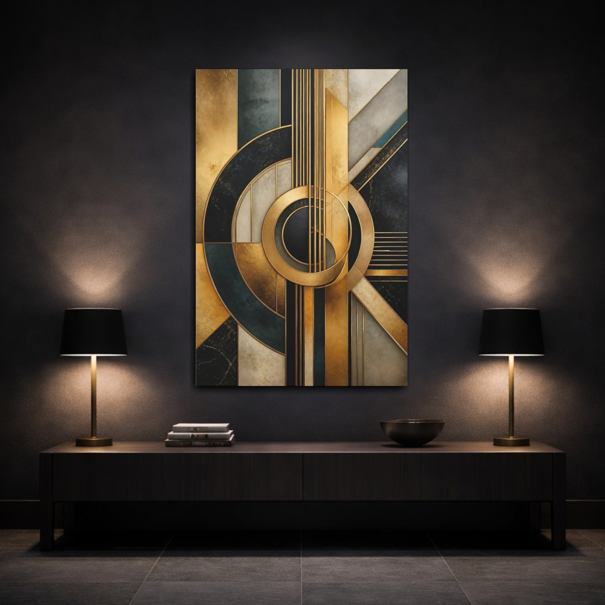 Mockup 3. Golden Geometric Guitar shown as canvas print