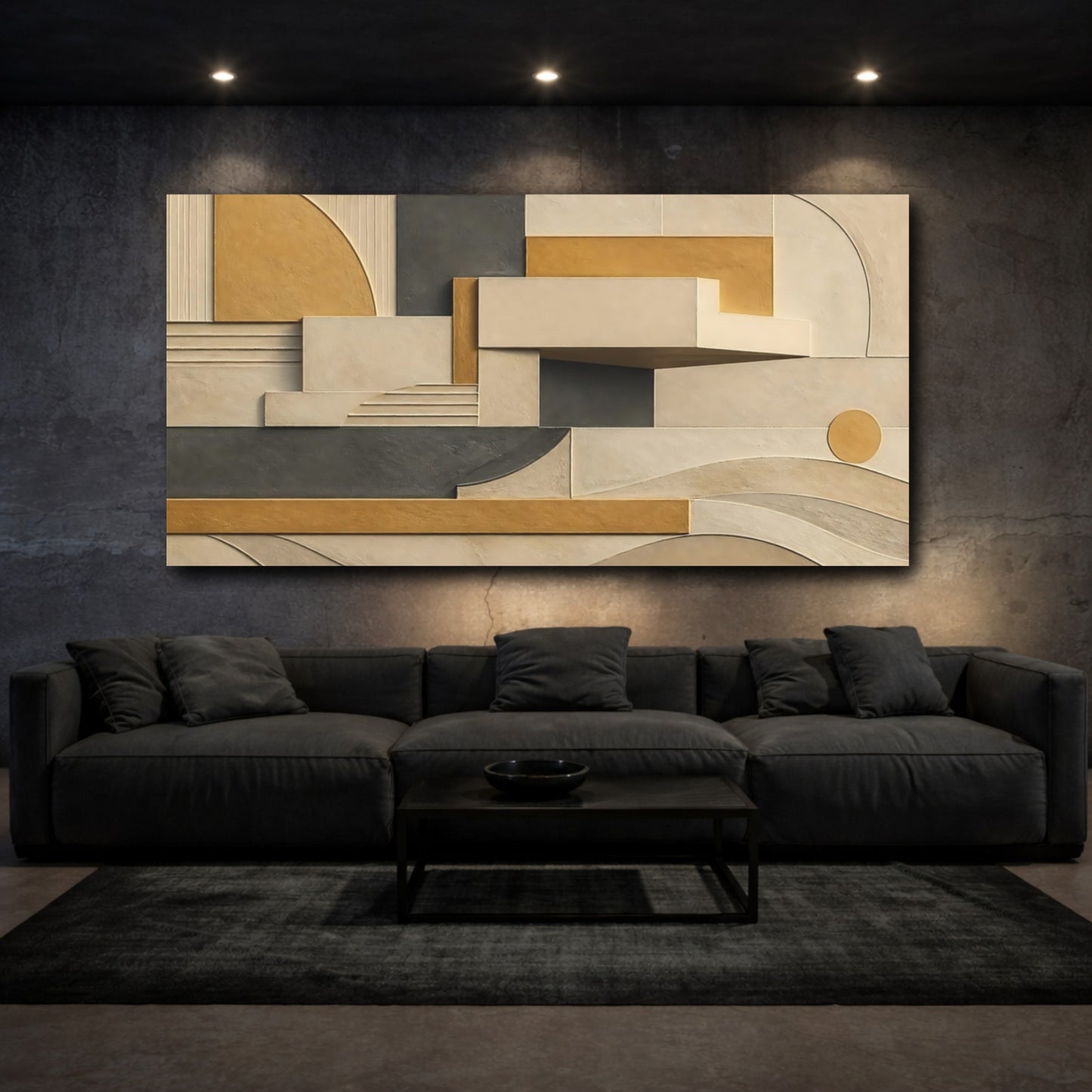 Mockup 3. Golden Geometric Relief shown as canvas print