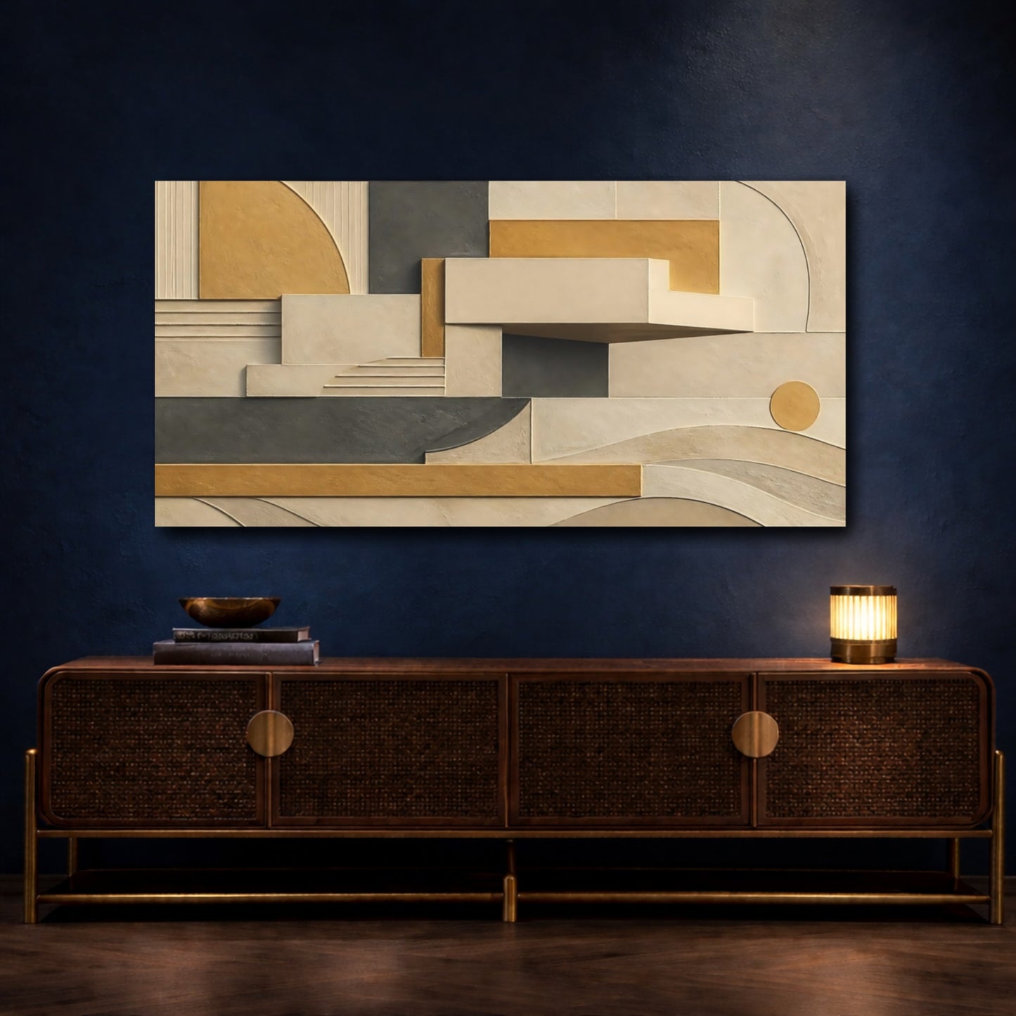 Mockup 4. Golden Geometric Relief shown as canvas print