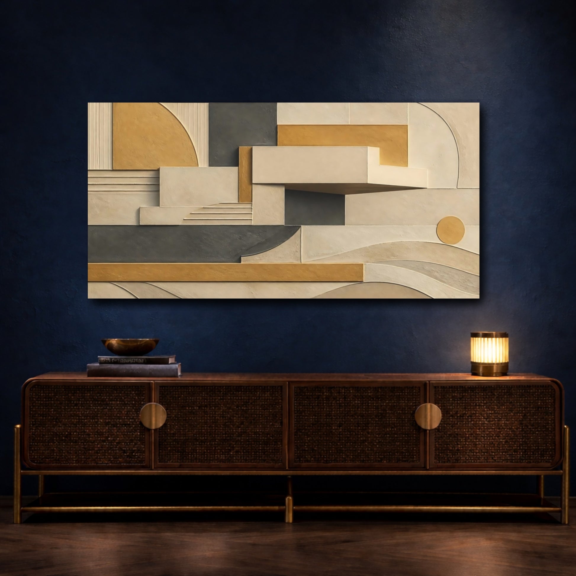 Mockup 4. Golden Geometric Relief shown as canvas print