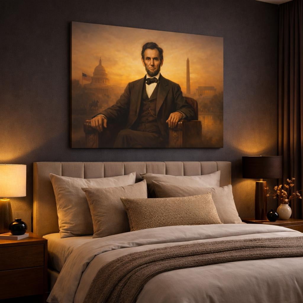 Golden Glow Abraham Lincoln shown as canvas wall art in a luxury bedroom