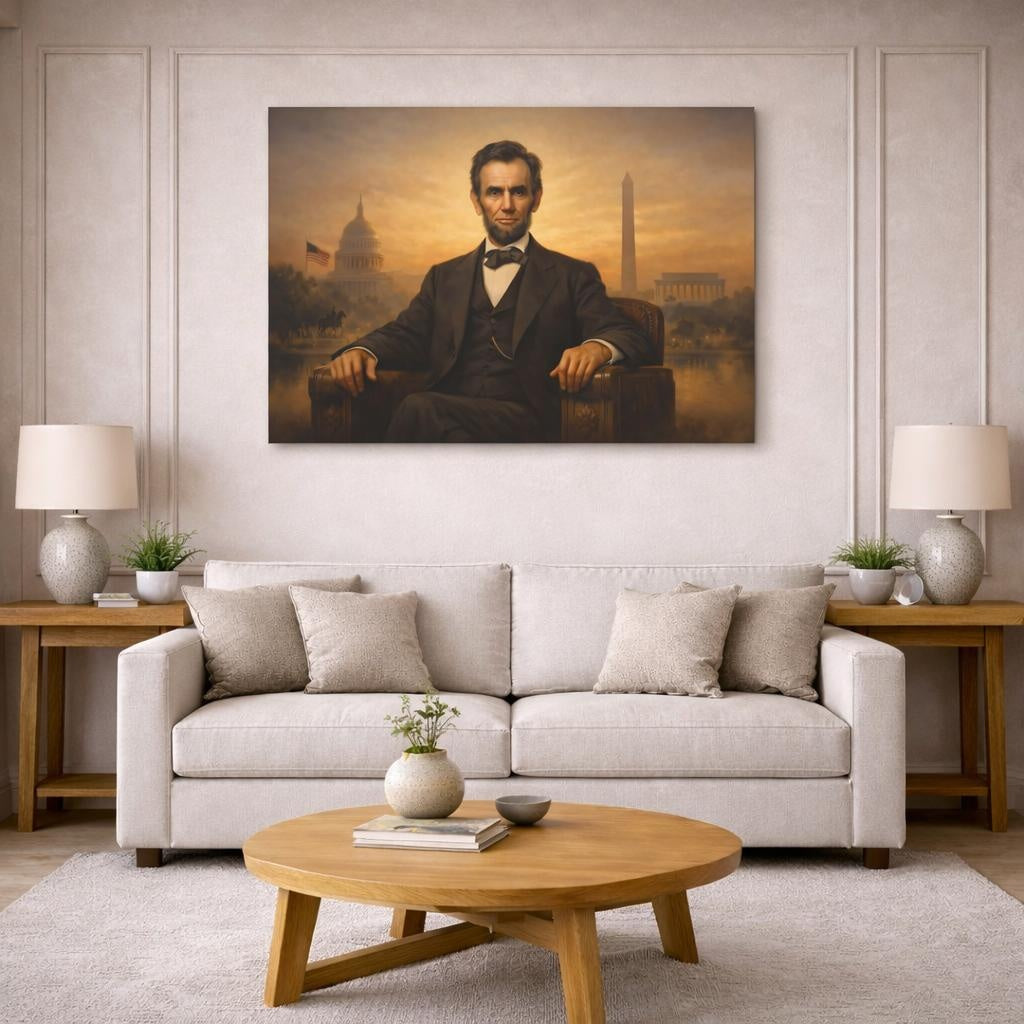 Golden Glow Abraham Lincoln shown as canvas wall art in a modern living room