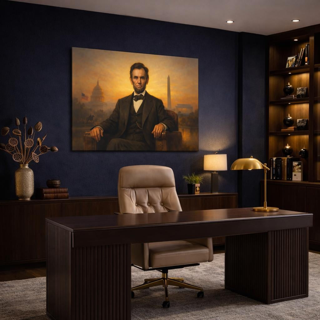 Golden Glow Abraham Lincoln shown as canvas wall art in a refined dining room