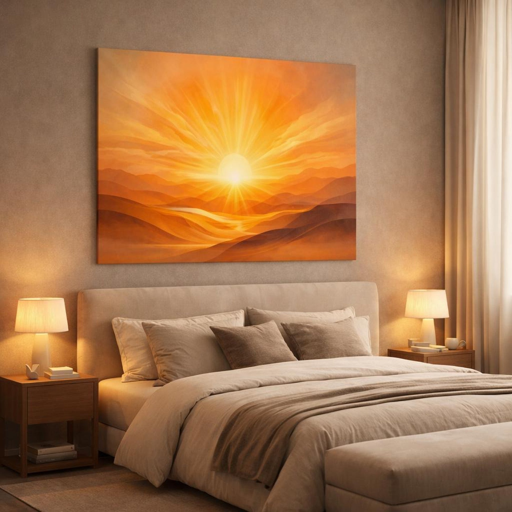 Golden Glow Artistic Flow shown as canvas wall art in a luxury bedroom