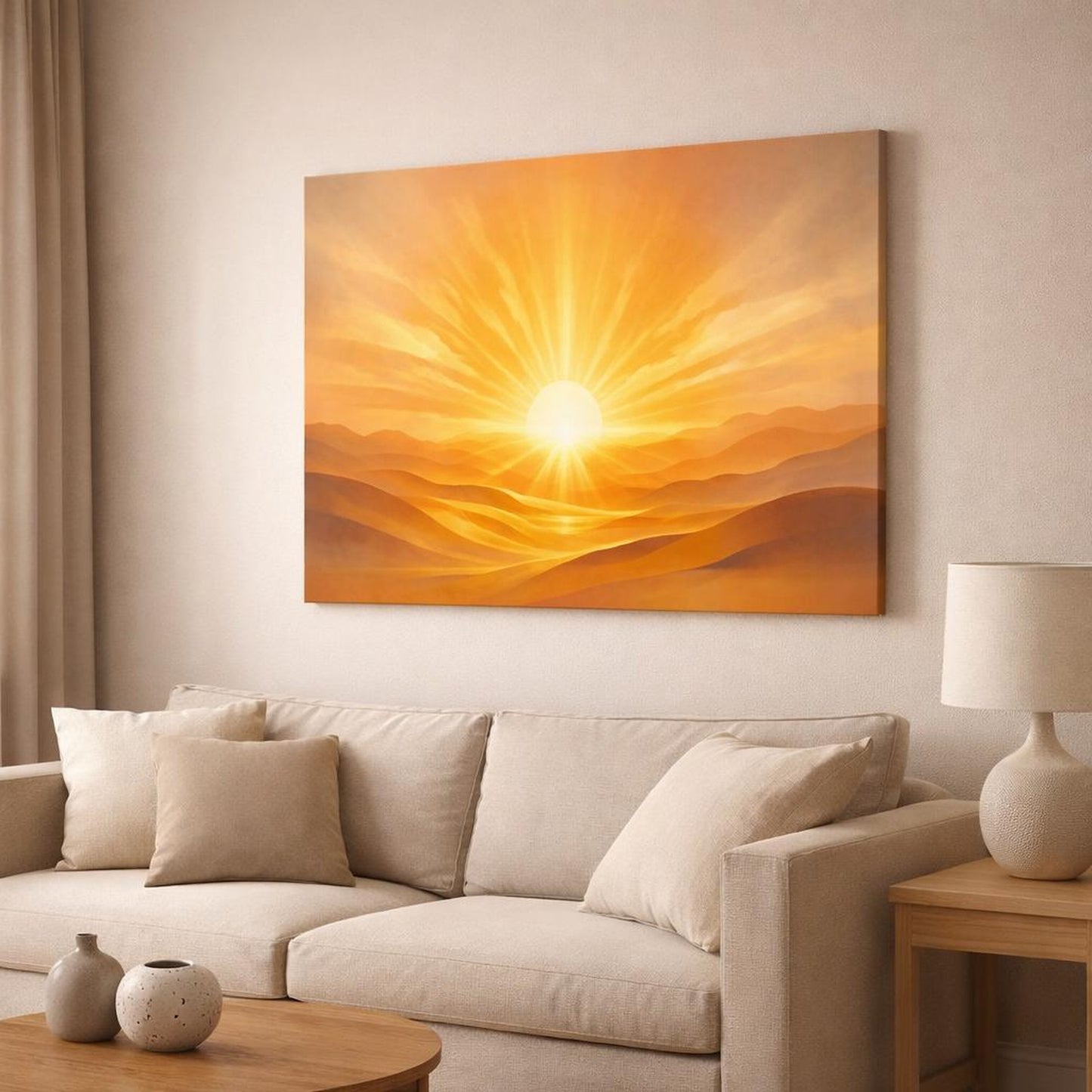 Golden Glow Artistic Flow shown as canvas wall art in a modern living room