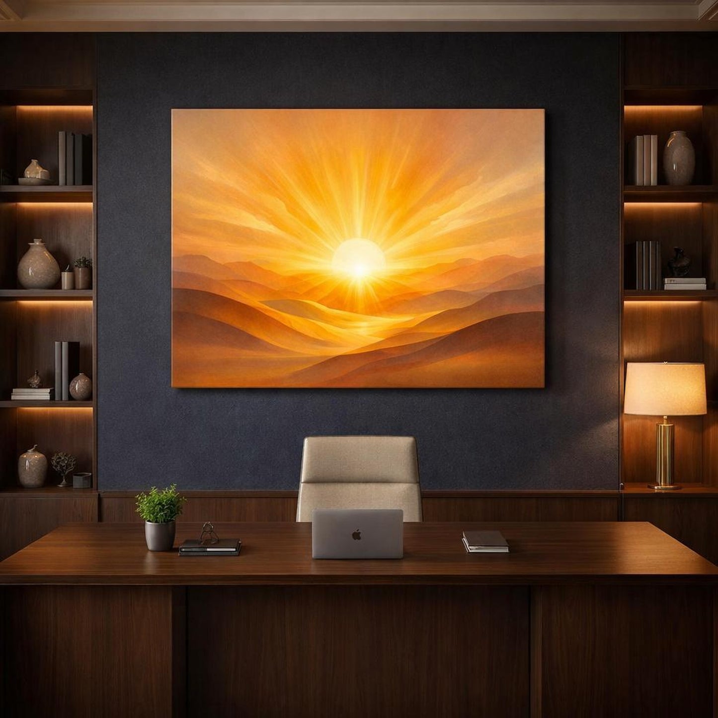 Golden Glow Artistic Flow shown as canvas wall art in a refined dining room