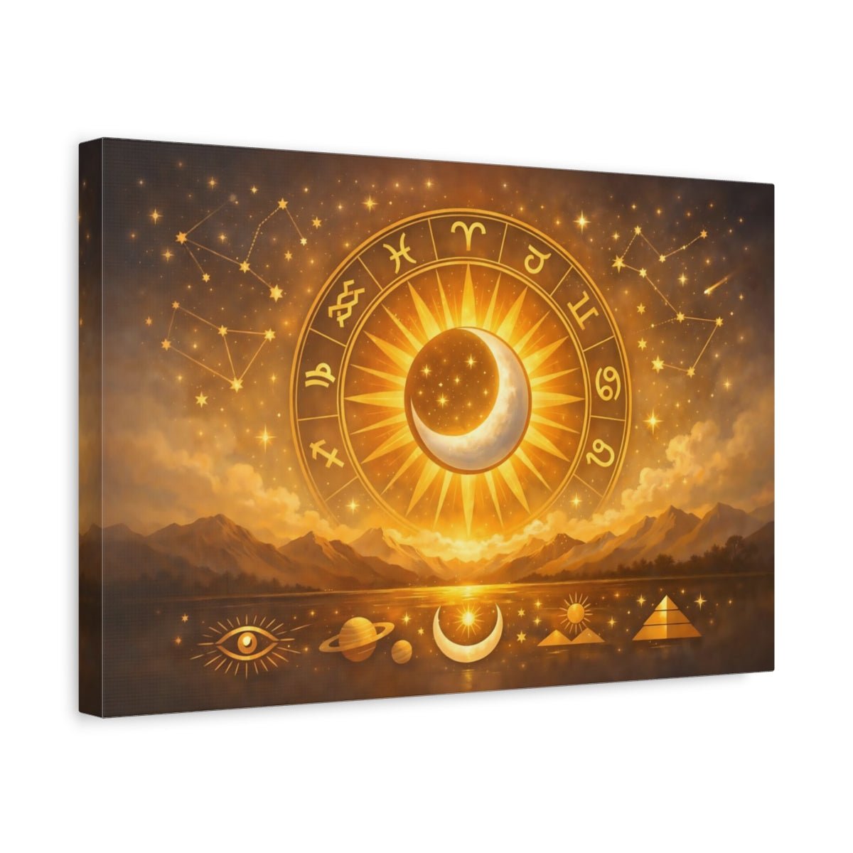 Golden Glow Birth Chart Zodiac Wheel Abstract - Canvas Wall Art Print - YesArtYes