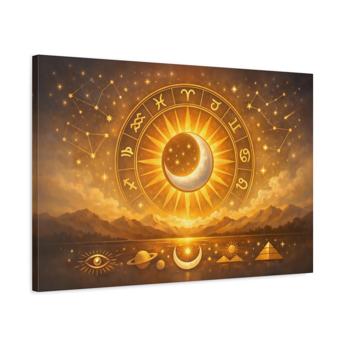 Golden Glow Birth Chart Zodiac Wheel Abstract - Canvas Wall Art Print - YesArtYes