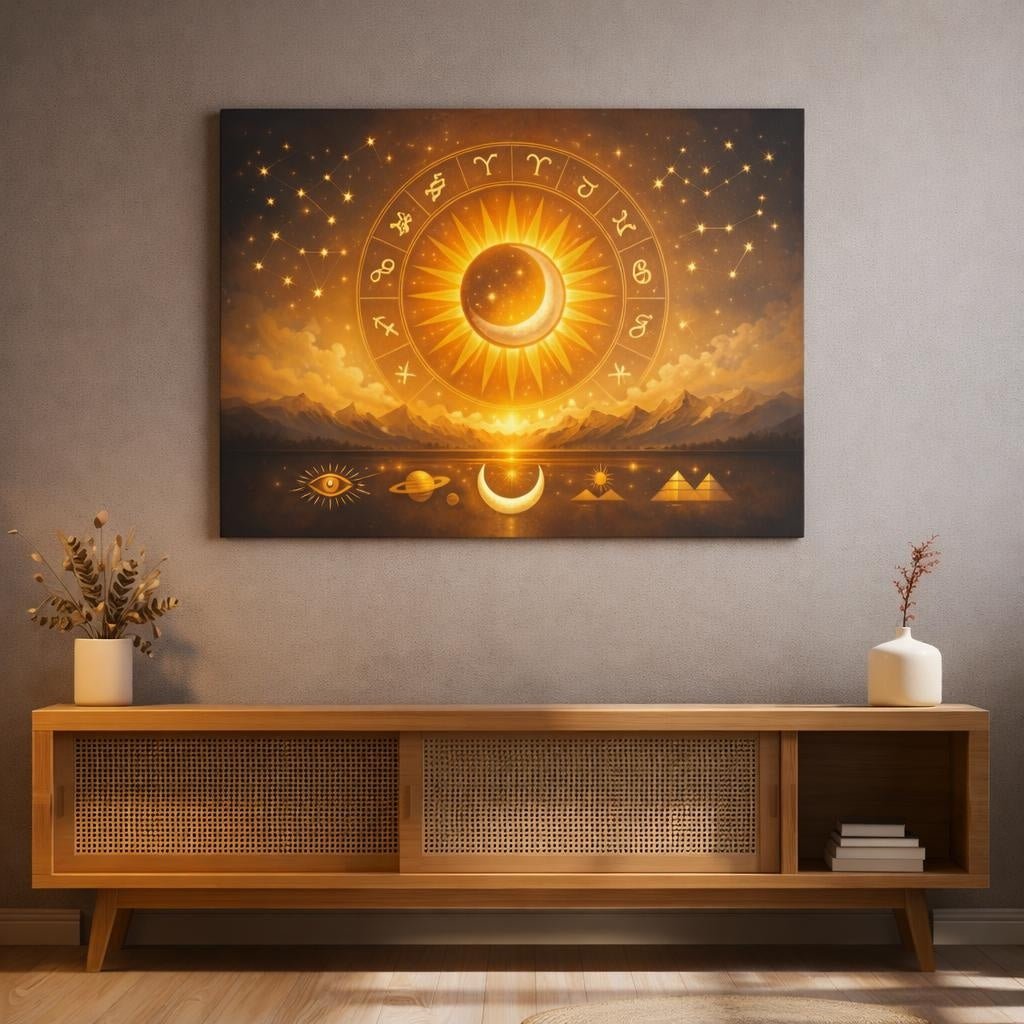 Golden Glow Birth Chart Zodiac Wheel Abstract - Canvas Wall Art Print - YesArtYes