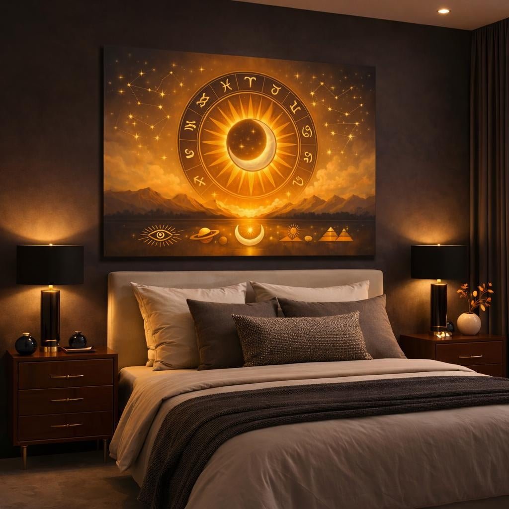 Golden Glow Birth Chart Zodiac Wheel Abstract - Canvas Wall Art Print - YesArtYes