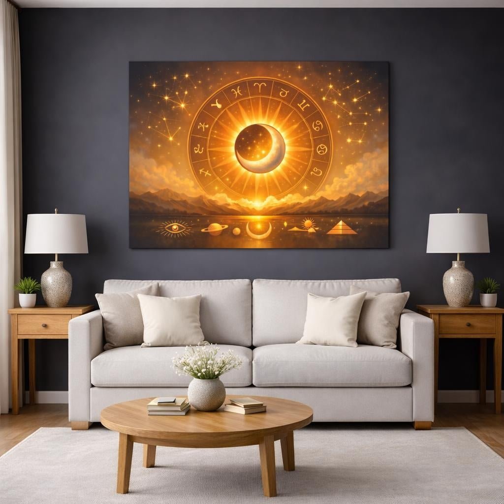 Golden Glow Birth Chart Zodiac Wheel Abstract - Canvas Wall Art Print - YesArtYes