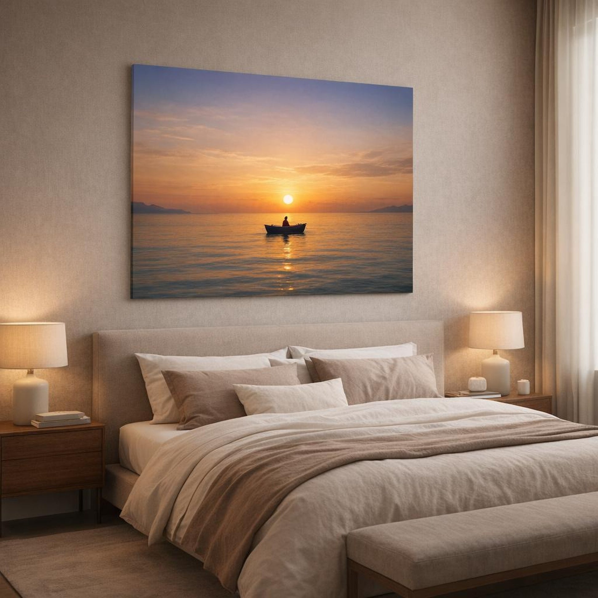 Golden Glow Boat Horizon shown as canvas wall art in a luxury bedroom