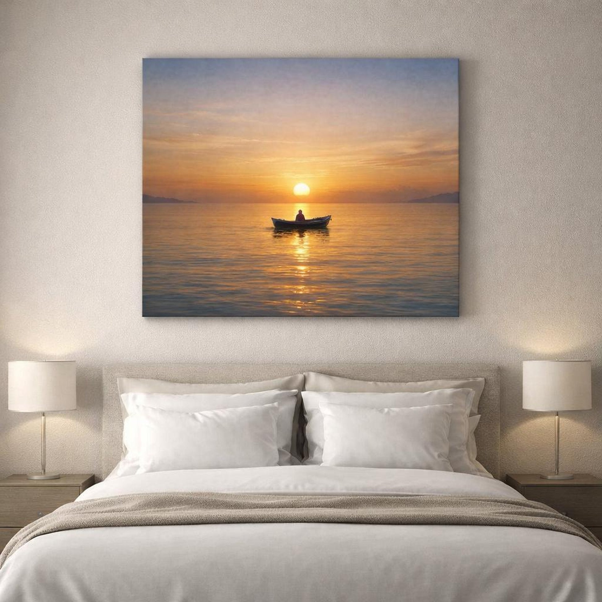 Golden Glow Boat Horizon shown as canvas wall art in a refined dining room