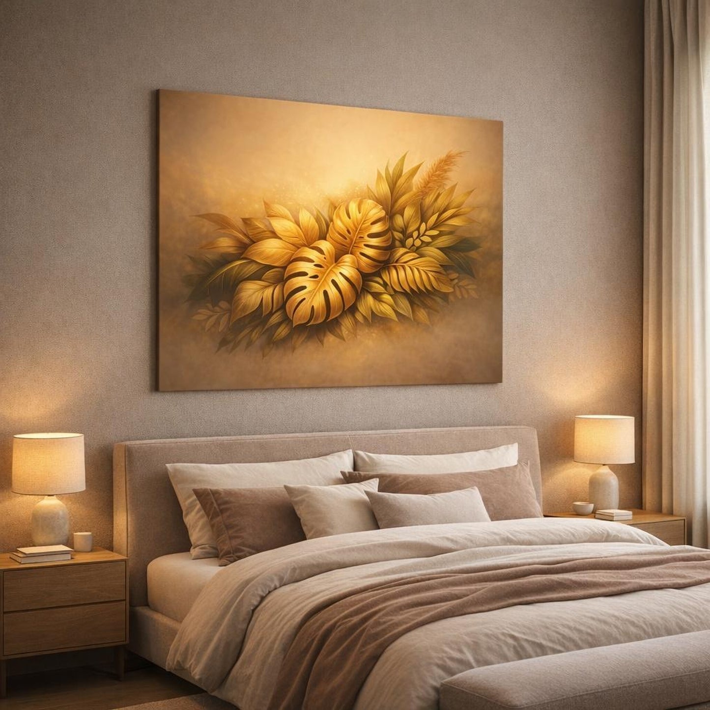 Golden Glow Botanical Leaves shown as canvas wall art in a luxury bedroom
