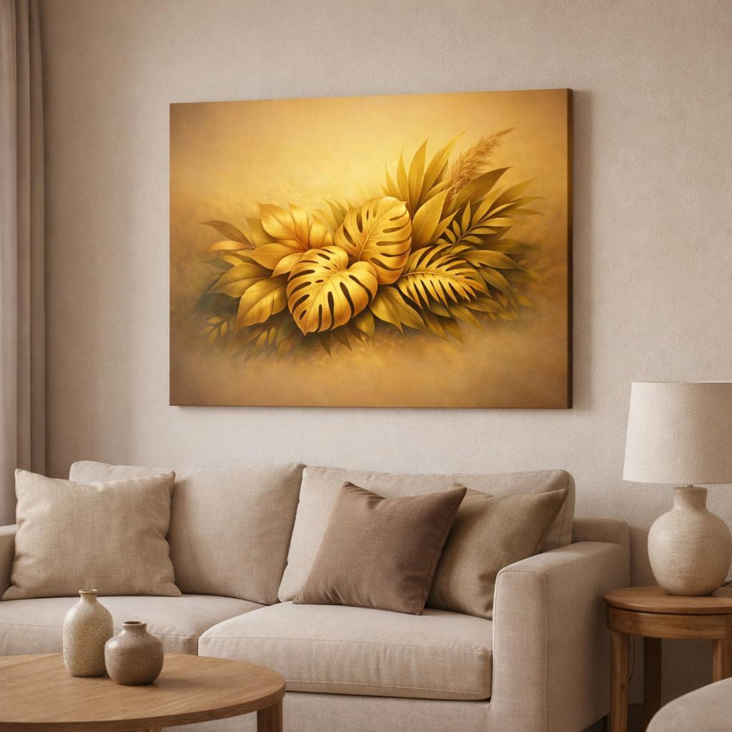 Golden Glow Botanical Leaves shown as canvas wall art in a modern living room