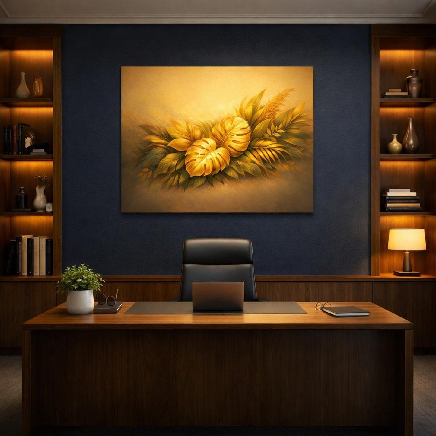 Golden Glow Botanical Leaves shown as canvas wall art in a refined dining room