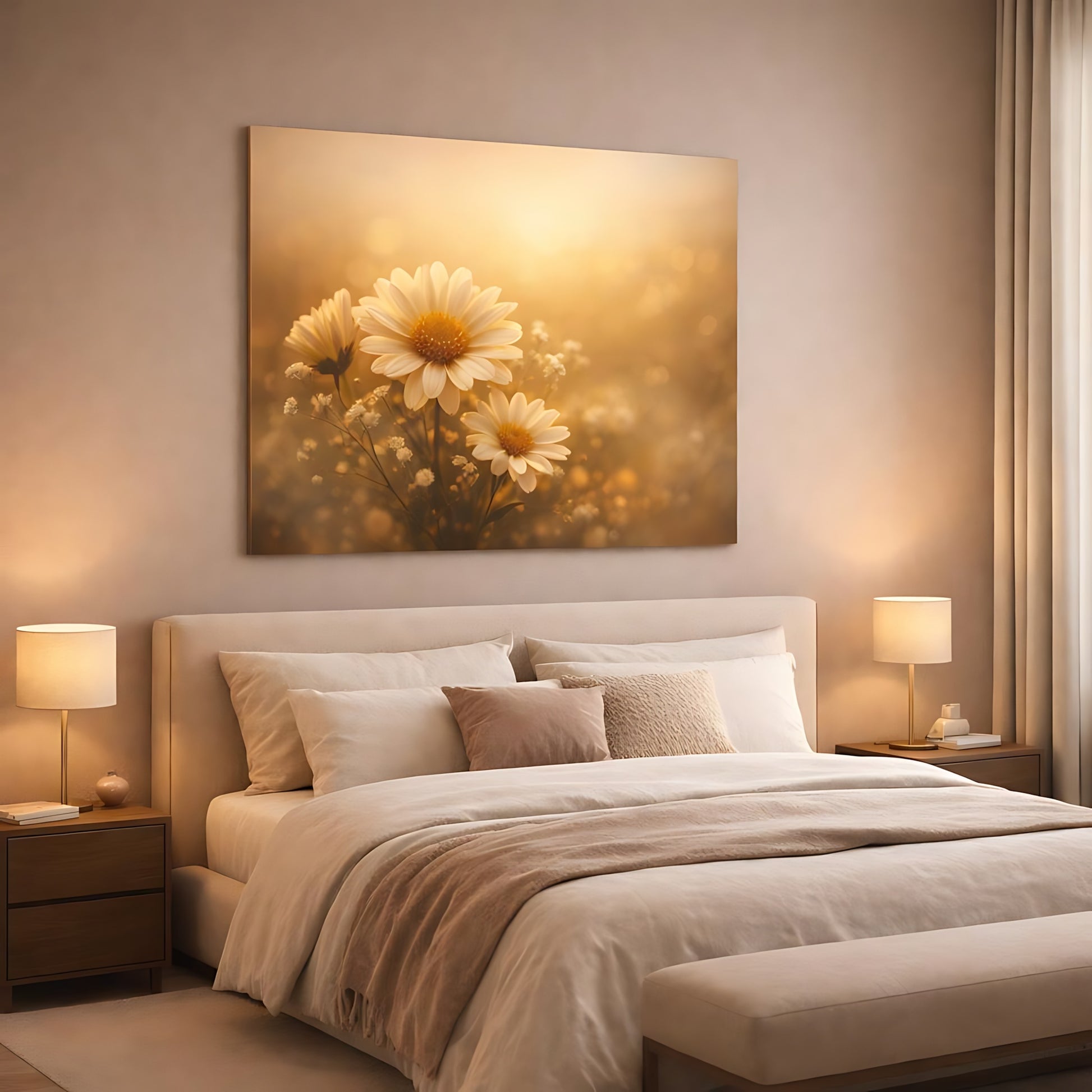 Golden Glow Calm Flowers shown as canvas wall art in a luxury bedroom