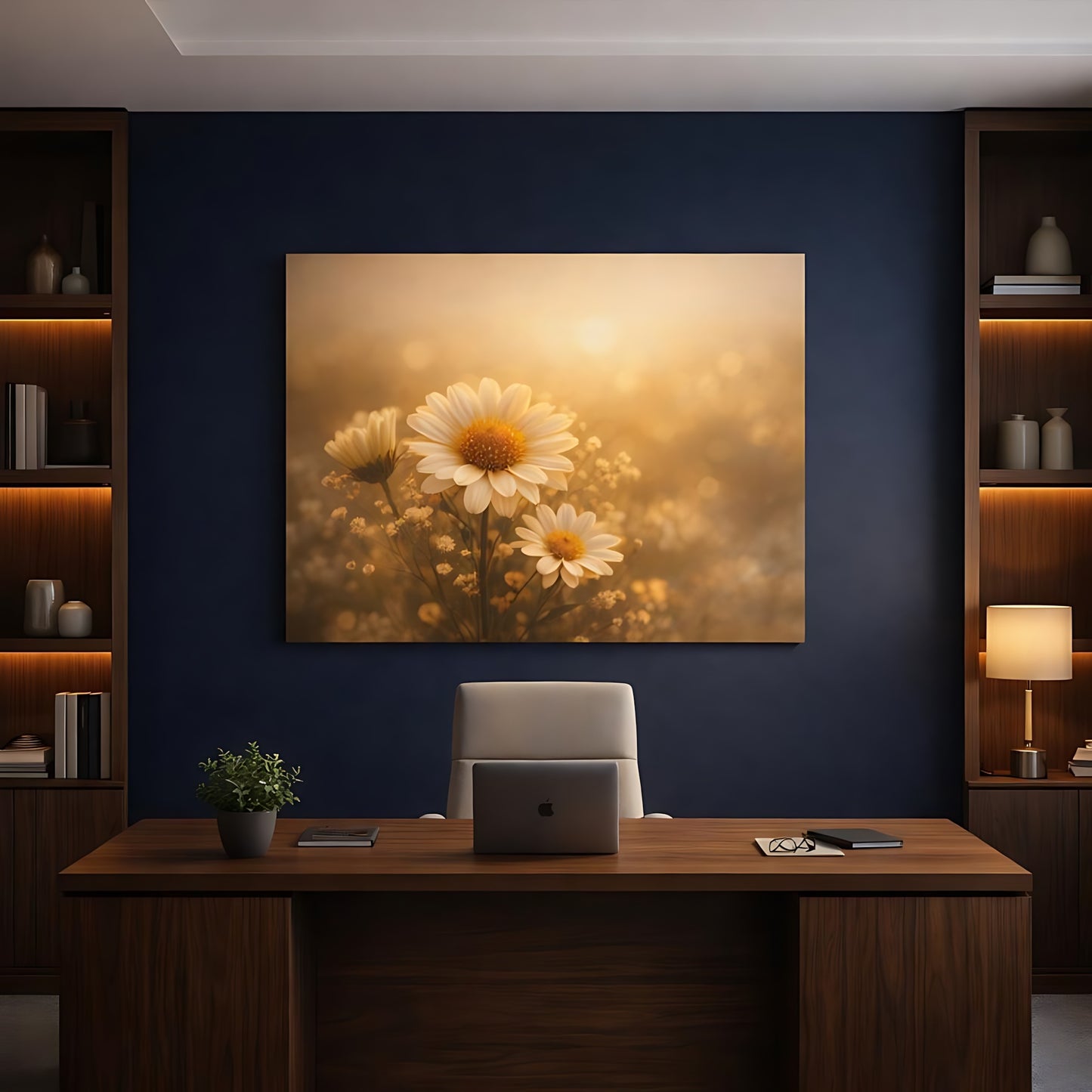 Golden Glow Calm Flowers shown as canvas wall art in a refined dining room