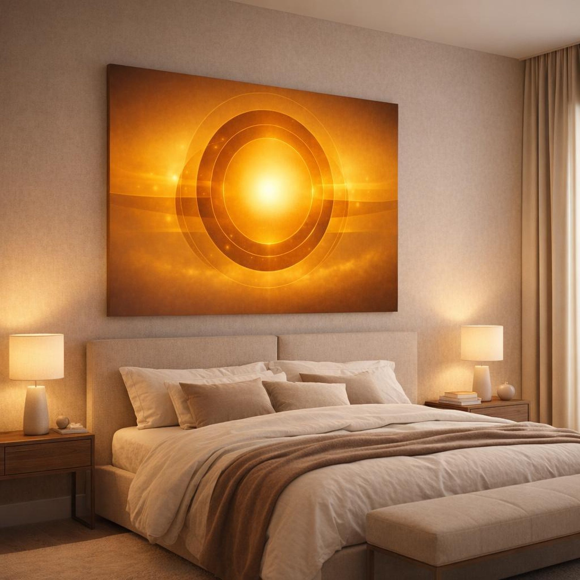 Golden Glow Circles shown as canvas wall art in a luxury bedroom