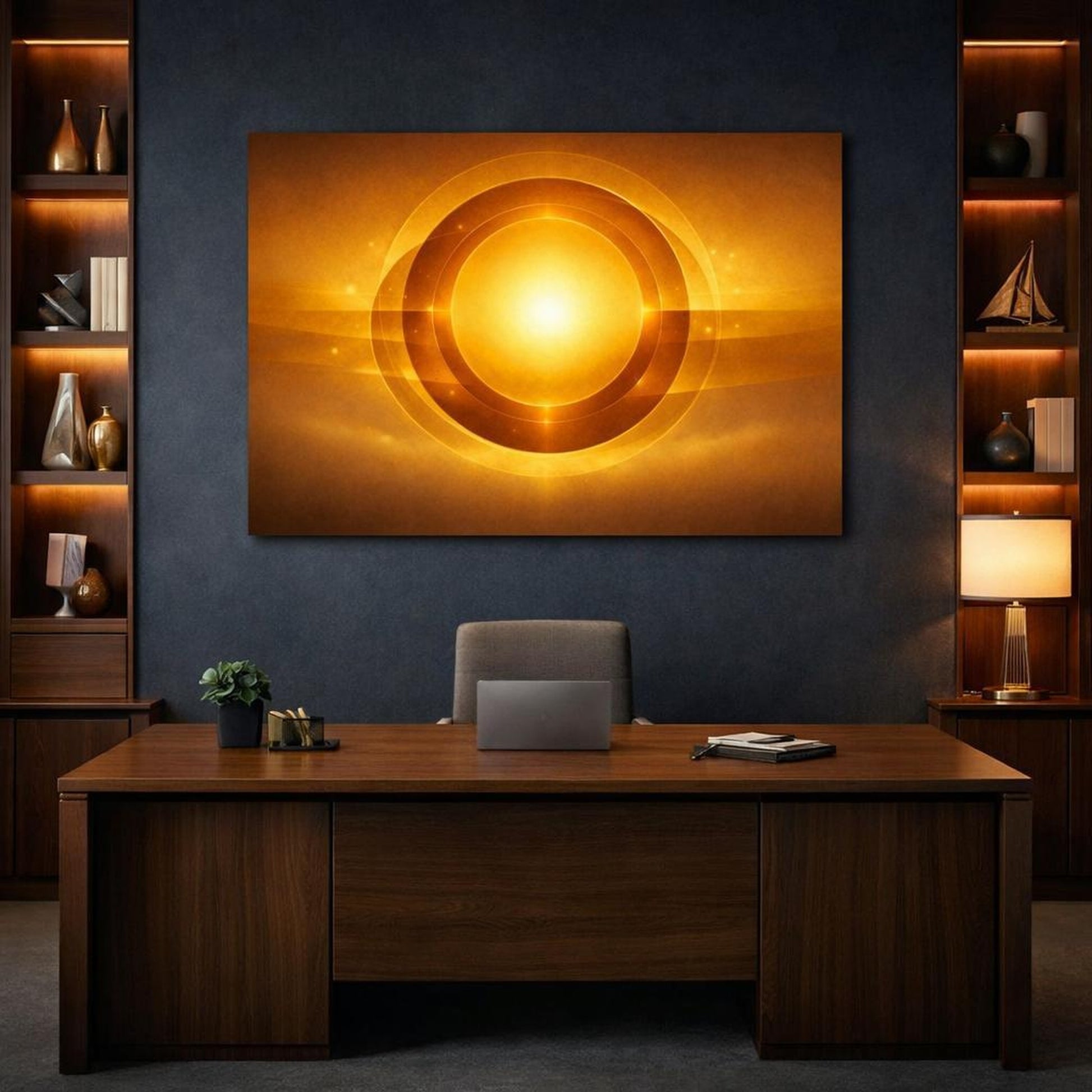 Golden Glow Circles shown as canvas wall art in a refined dining room