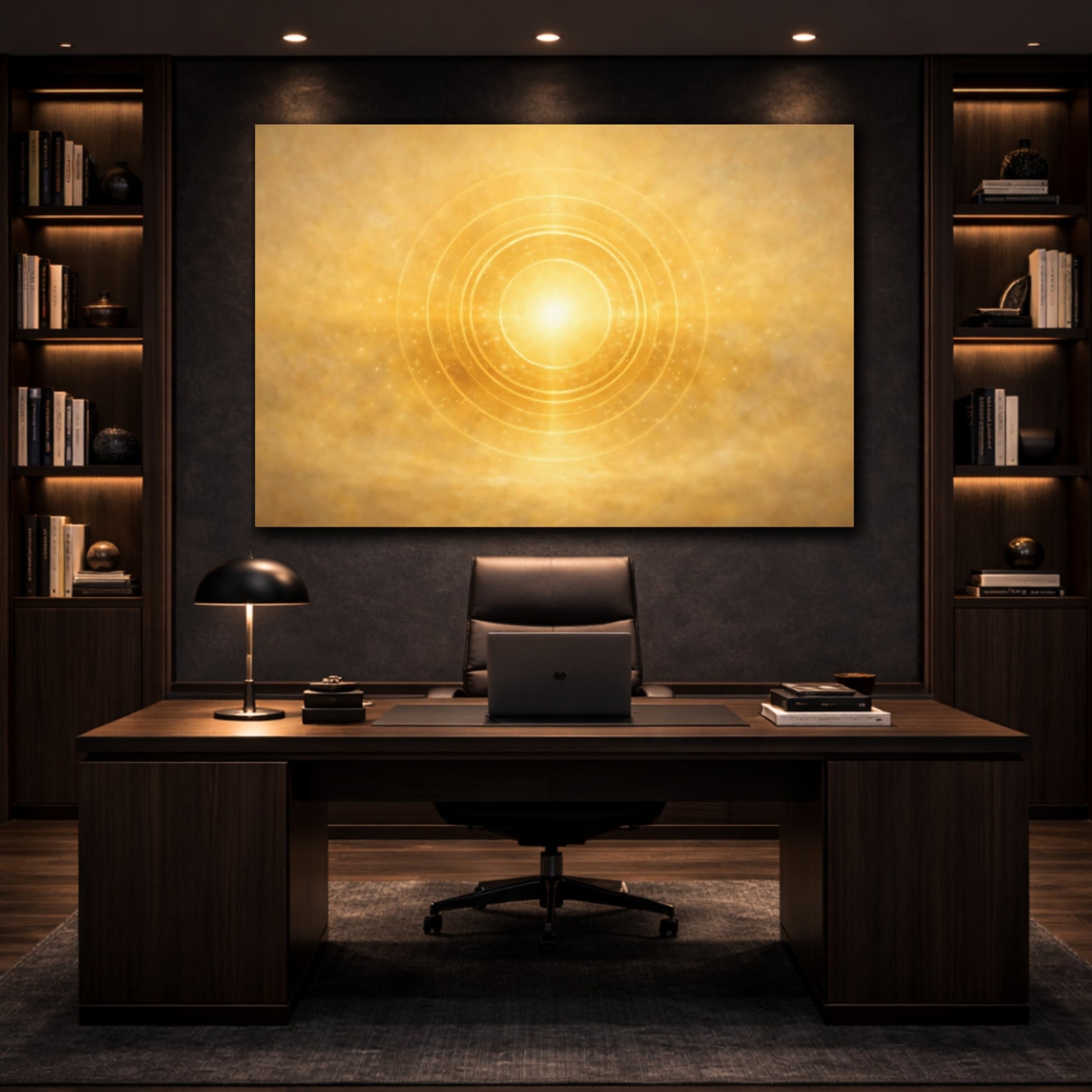 Mockup 2. Golden Glow Circles shown as stretched canvas wall art