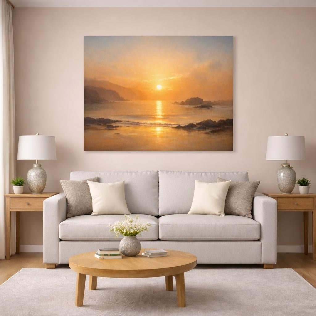 Golden Glow Coastal Panorama shown as canvas wall art in a luxury bedroom