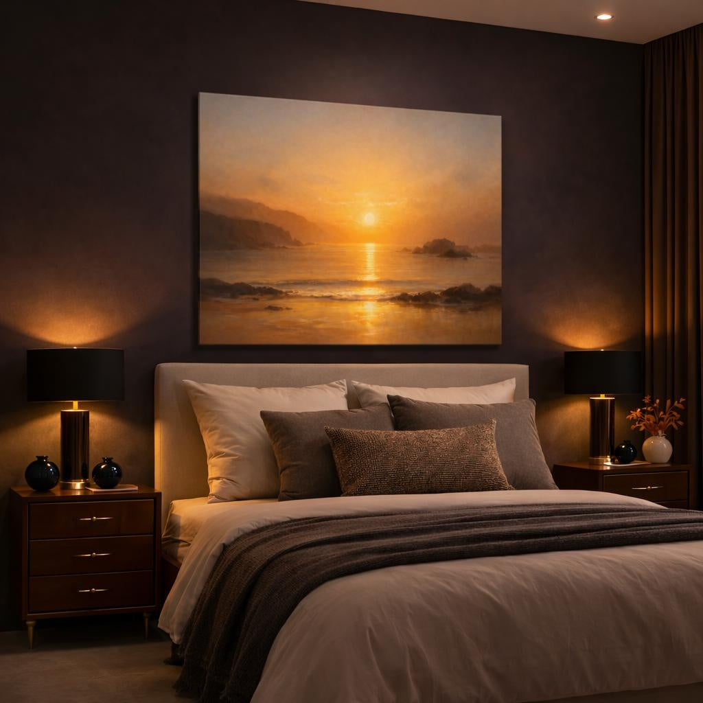 Golden Glow Coastal Panorama shown as canvas wall art in a luxury executive office